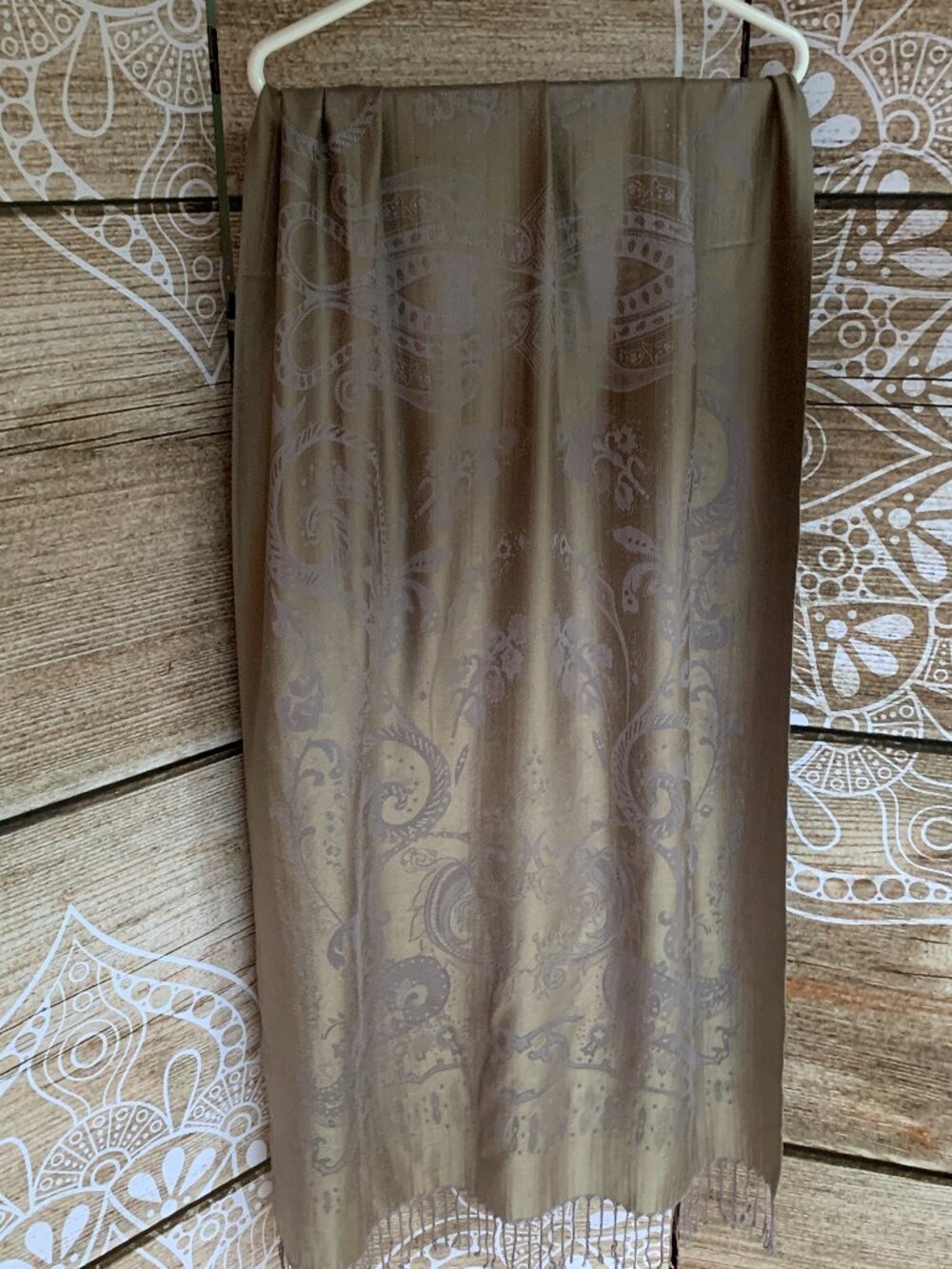 Reversible Paisley Jacquard Shawl Wrap Taupe Silver Blue Fringe Boho Quiet Luxe